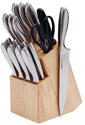 Amazon Basics Edelstahlmesser-Set mit Komfortgriff und Block, 18 Stück, 1er-Pack, Schwarz