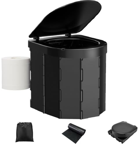 WADEO Tragbare Campingtoilette mit Deckel, Faltbare Toilette mit Belastbarkeit bis zu 200kg, Mobiltoilette Falttoilette mit Toilettenbeutel und Papierhalter, ideal für Camping Wandern Reisen Angeln