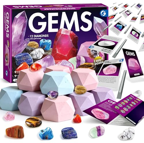 Gamerside Edelstein Ausgrabungsset für Kinder – Mit 12 Edelsteinen und Kristallen zum Ausgraben | Ausgrabungsset für Kinder Jungen & Mädchen von 6–12 Jahren