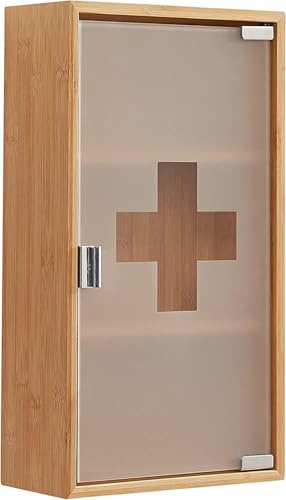 Zedelmaier Medikamentenschrank & Medizinschrank aus Bambus, hängeschrank, Hausapotheke, Erste Hilfe Schrank, Glastür mit Magnetverschluss,Arzneischrank 3 Fächer,12T x 27B x 48H cm