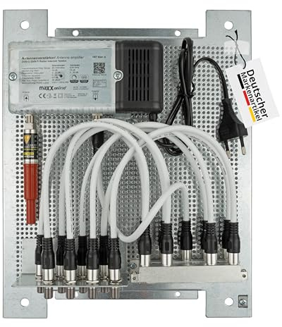 maxx.onLine Antennenverstärker Kabelfernsehen für 8 Teilnehmer vormontiert auf Lochblech Montageplatte mit 33 dB Verstärkung & Rückkanal, Kabel Verteiler, Überspannungsschutz, F Quick-Verbindungskabel