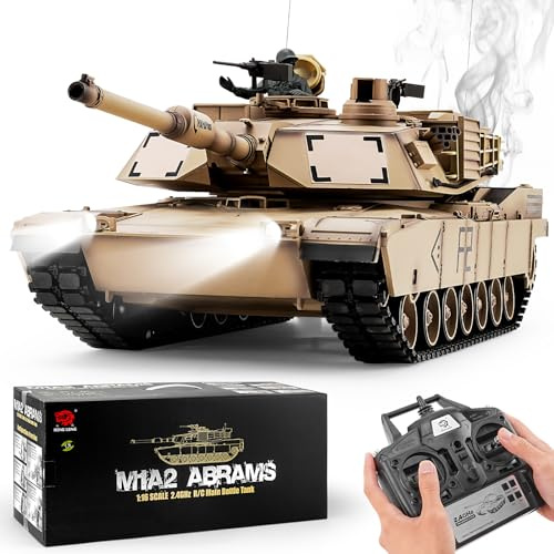 BESTYMXY RC M1A2 Abrams Army Panzer, HengLong 1:16 2.4GHz Ferngesteuerter Panzer mit Sound & Licht für Kinder ab 14 Jahren