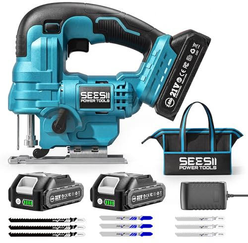 Seesii Stichsäge 21V, Akku Stichsäge mit Akkus und Ladegerät Set, 6-Stufen, Mit LED, 0°-45° Gehrung, 4 Pendelhub-Einstellungen, 20mm Hubhöhe, 2800 SPM, 9 Sägeblättern, mit Tragetasche