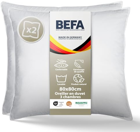 BEFA NATUR Daunenkissen 80x80 cm (2 Stück) | 3-Kammer Kopfkissen | 90% Daunen & 10% Federkissen | je 1400g Füllgewicht | Allergiker (NOMITE) | Tierwohl (DOWNPASS) | OEKO-TEX Klasse 1 | Made in Germany