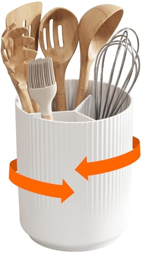 Lifewit Küchenutensilienhalter, Drehbar Behälter für Küchenutensilien, 15 x 19 cm Utensilienhalter mit abnehmbarem Fachtrenner, Besteckkorb mit Abflusslöchern und Rutschfesten Boden für Tisch, Weiß