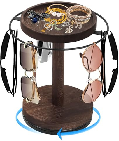 Qivine Brillenständer für Mehrere Brillen, Metallrahmen Brillenhalter Tisch mit Holzsockel, 360° Drehbarer Sonnenbrillen Aufbewahrung Display für Kommode, Schreibtisch, Arbeitsplatte