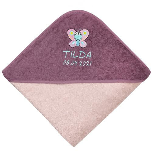 Wolimbo Kapuzenhandtuch personalisiert mit Namen und Motiv - Peach-Mauve - 100x100 cm - für Baby und Kinder