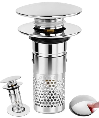 Acual 3-in-1 Pop Up Abflusssieb, 304 Edelstahl Waschbeckenstöpsel mit Sieb Dichtungen, Upgraded Universal Bathroom Metal Drain Plug, Abflussstopfen für Bad, Waschbecken und Küche (32-40mm)