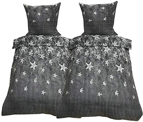Leonado-Vicenti 4 TLG Winter Fleece Bettwäsche 135x200 Sterne Grau Anthrazit flauschig kuschelig mit Reißverschluss