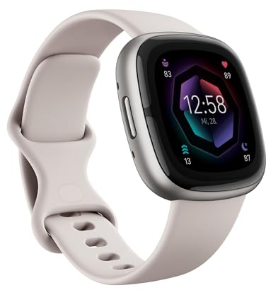 Fitbit Sense 2 Smartwatch Lunar White/Platin Aluminium, S/L, GPS, EKG, Stressmanagement