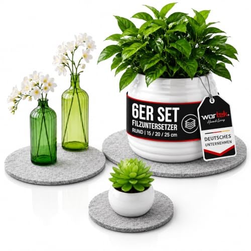 wortek Filzuntersetzer rund für Vasen Blumen Glas - 6er Set - 15cm / 20 cm / 25cm – Untersetzer Gläser Schwarz Topfuntersetzer Glasuntersetzer Tischuntersetzer Untersetzer Blumentopf Untersetzer Filz