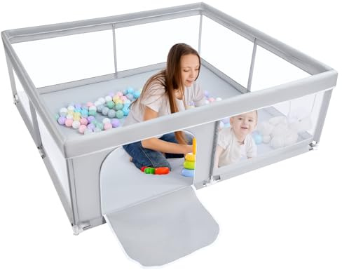 BEJOY Großer Laufstall Laufgitter XXL 180*200 cm, Kompakt und Stark, Schaumstoffschutz Rutschfester mit Transparentem, Atmungsaktivem Netz, Reißverschluss für Babys & Kleinkinder Indoor & Outdoor
