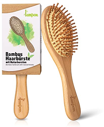 lampox - Bambus Haarbürste Holz mit Naturpins, Pins aus Bambus, Entwirrbürste, Detangler, antistatisch, Anti-Frizz, Lockenbürste, Holzbürste, Haarbürsten