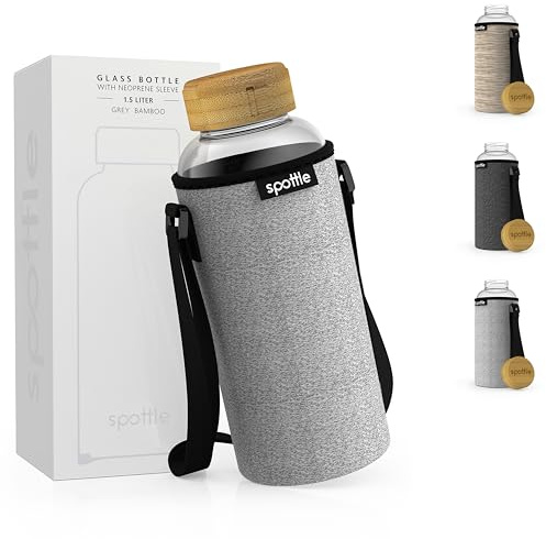 spottle Glasflasche 1,5 liter - Trinkflasche Glas 1,5 L mit Deckel - Glass bottle - Wasserflasche - Glastrinkflasche für Kohlensäure geeignet - spülmaschinenfest (Grau meliert, 1500ml / 1,5 Liter)