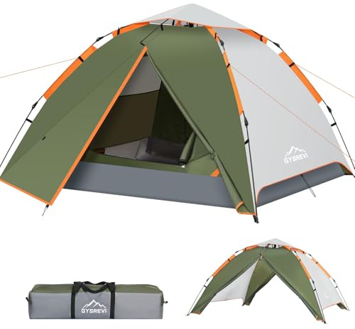 Gysrevi Camping Zelt Automatisches 3 Personen Instant Zelt Pop Up Zelt 4 Jahreszeiten Winddicht Wasserdicht Kuppelzelt mit 2 Mesh-Tür, 2 Mesh-Fenster, 2 in 1 Doppelschichten, Tragetasche für Familie
