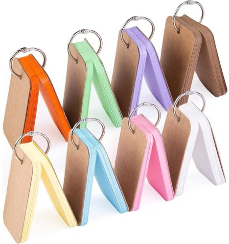 Koogel Karteikarten mit Ring, 8 Stück 400 Blätter Mini Lernkarten aus Kraftpapier, mehrfarbig sortiert für Vokabeltraining unterwegs, 5,3 x 8,7 cm