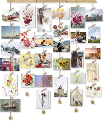 Love-KANKEI Memory Bilderrahmen Collage Fotorahmen Holzbilderrahmen mit 30 Kleinen Holzklammern Ideal Geschenk für Geburtstag Hochzeit Weihnachten usw.
