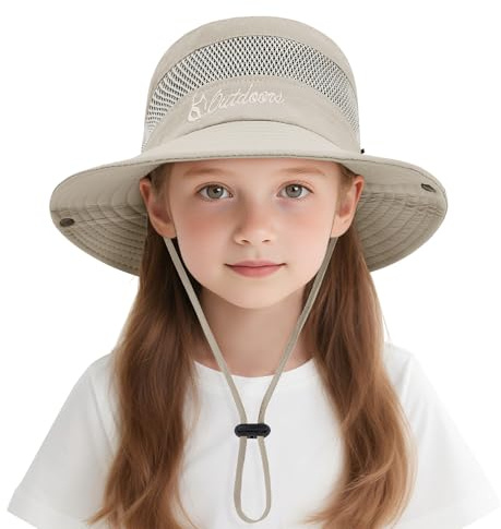 Zando Sonnenhut Kinder UV-Schutz 50+ Fischerhut Mädchen Jungen, Atmungsaktiv Sommerhut Wasserabweisend mit Breiter Krempe & Kinnband, Faltbar Safari Hut für 5-13 Jahre, Hellbeige