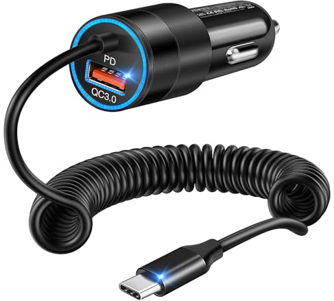 1-Pack Zigarettenanzünder USB, 38W Auto Ladegerät QC & PD 3.0 Schnellladung, 12V kfz Ladegerät mit 1.2M Spiralkabel USB C Ladekabel, kompatibel für iPhone 16 15 Pro Max, Galaxy, Google Pixel, LG