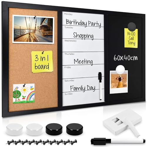 Navaris 3in1 Kombitafel 60x40cm - Kreidetafel Whiteboard Kork Pinnwand - Memoboard magnetische Seiten Weekly Plan inkl. Kreide Pins Magnete