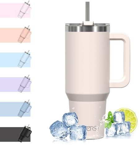 WATERSY 40oz Kaffeebecher to Go Thermobecher Doppelwandiger Edelstahl Vakuum Auslaufsicher Trinkbecher mit Griff und Strohhalm, Tragbare Autobecher Thermal Tumbler Hellbeige für Kalte Heiße Getränke