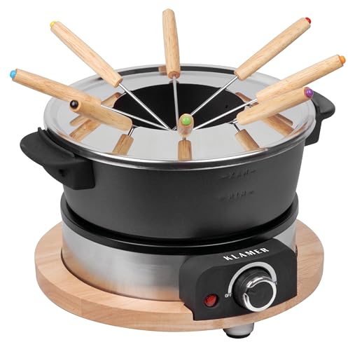KLAMER elektrisches Fondue Set für bis zu 8 Personen, inkl. 8x Fonduegabeln, stufenlose Einstellung, mit Spritzschutz, Topf aus Aluguss, nachhaltige Gummibaumverkleidung