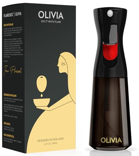 FLAIROSOL OLIVIA Olivenöl-Sprüher aus Glas zum Kochen, 200 ml, kontinuierlicher Kochspraydispenser mit Portionskontrolle für Küche, Speisen zum Heißluftfrittieren, Salat, Grillgut (schwarze Flasche