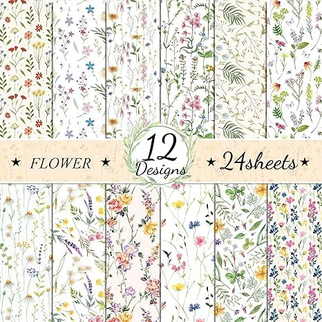 Blumenmuster Scrapbook Papier, 24 Blatt Doppelseitiges Muster Bastelpapier | 30x30 cm, 12 Designs Frühlingsblume Kartenpapier Decoupage Papier Block für DIY Alben Bullet Journals Süße Geschenke
