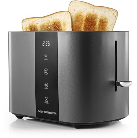GOURMETmaxx Toaster Kurzschlitz für 2-Scheiben | Toaströster Anthrazit mit 6 Bräunungsgraden und Ready-2-eat-Countdown | Elektrisches Küchengerät mit Touchdisplay, Brötchenaufsatz & Aufwärmfunktion