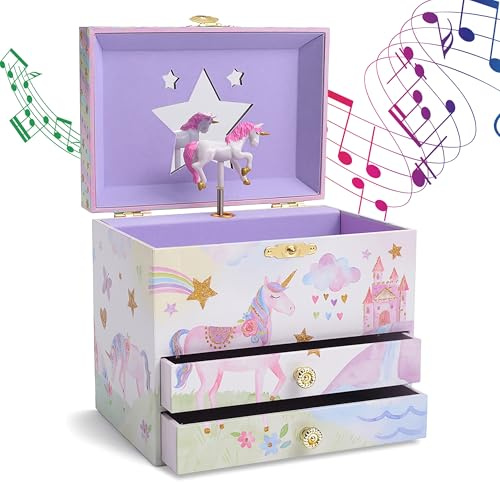 Jewelkeeper Musikalisches Schmuckkästchen Kinder Mädchen - Einhorn Schmuckkasten mit Glitzer Regenbogen - Zwei Schubladen - Schmuckdose Kinder - Fördert Kreativität - The Beautiful Dreamer Melodie