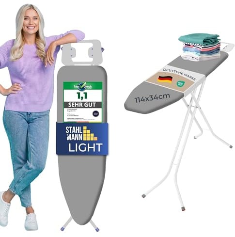 STAHLMANN ® Bügelbrett [120x38 Bügelfäche ] Grau mit rutschfesten Füßen – robuster Bügeltisch mit Steckdose – extra stabiles Bügelbrett [Made IN EU] – Tischbügelbrett