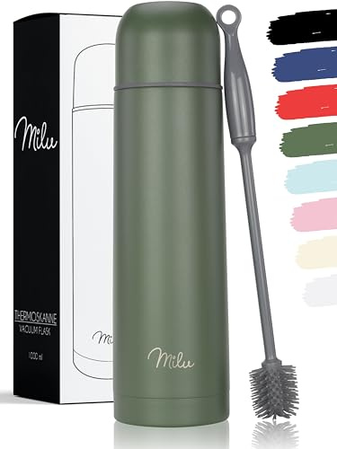 Milu Thermosflasche Thermoskanne Isolierflasche 1L, 750ml, 500ml - Isolierte Edelstahl Trinkflasche, 100% Auslaufsicher, Doppelwandisolierung (Olivgrün, 1000 ml)