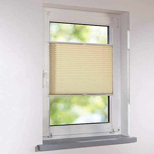 Plissee Klemmfix Breite 135 x 140 cm Höhe verspannt - Farbe Creme - Standardplissee Rollo Jalousie Raffrollo Faltrollo Faltstore Fertigplissee ohne Bohren für Fenster und Türen
