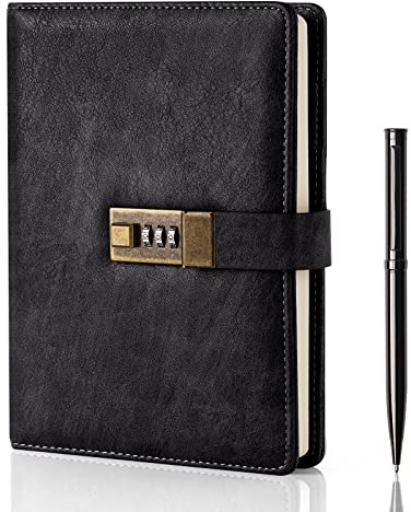 WEMATE Tagebuch mit Schloss, A5 PU Leder Journal mit Schloss 240 Seiten, Vintage Lock Journal mit Stift & Geschenkbox, abschließbares Tagebuch für Frauen & Männer, 8.6x5.8in (Schwarz)