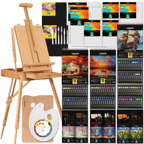 VISWIN Professionelles All-in-One Malset mit Feld und Aluminium Staffelei, 96 Acrylfarben, Aquarell & Ölfarben Set, Leinwände, Mal Set für Erwachsene, Künstler, Anfänger