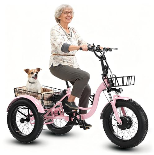 flatpincololee Elektro Dreirad Fahrrad 500W Motor, 48V Herausnehmbarer Power – 20 Geländereifen,Doppelscheibenbremse,Stabiler Rahmen,LED Display,Großer Korb,Dreirad für Erwachsene Elektro Pink