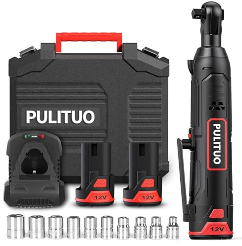 PULITUO Elektrische Ratschenschlüssel Set, 12V Akku Ratschenschlüssel 3/8 mit 2pcs 2000mAh Akkus und Ladegerät, 50N.m, 10 Steckdosen und LED-Licht
