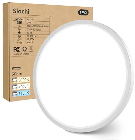 slochi LED Deckenleuchte Flach 24W 2800LM, 3Farben - 3000K/4000K/6500K, Ø30CM Deckenlampe Wasserfest Rund Badlampe, Modern LED Lampen für küche Badezimmer Schlafzimmer Flur Wohnzimmer, Weiß