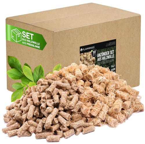 Flammingo® 12 kg Kamin-Anzünder Set, bestehend aus 8kg Holzwolleanzünder und 4kg Anzündsticks - aus Holzwolle und Wachs, ideal für Kamin, Ofen, Grill UVM.