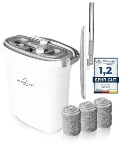 WONDERHOME Wischmopp Set mit Eimer – Bodenwischer mit 3-Kammersystem - Wischer mit großvolumigen Putzeimer - Mopp-Set - Wischmopp mit Auswringfunktion - Hydro Inkl. Seifenspender