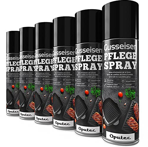 Oputec 6X 500ml Gusseisen Pflegespray - Rostschutz für Grillrost & Pfanne | Konserviert Gussrost, Topf und Dutch Oven nach jedem Einsatz – dazu pflanzliches Trennspray mit Antihaft-Wirkung am Grill