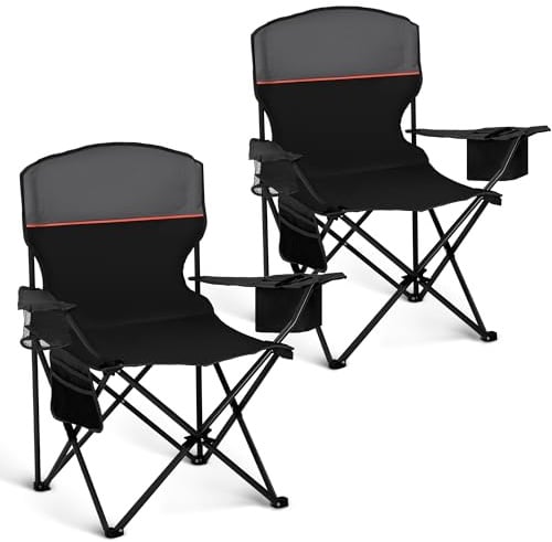 HIGH POINT SPORTS Campingstuhl Faltbar 2er Set bis 102kg Campingsessel Klappstuhl mit Getränkehaltern Faltstuhl Camping Angelstuhl Klappbar mit Armlehnen Outdoorstuhl (Schwarz)