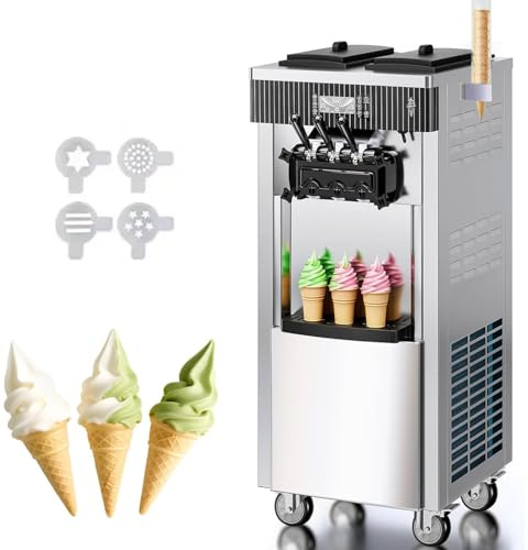 Kommerzielle Eismaschine, 20–28 L/h Leistung, 2200 W, Freistehende Softeismaschine mit 3 Geschmacksrichtungen, 2 x 6 L Edelstahlbehälter, LED-Panel Einzelzylindernutzung & Kühlung über Nacht