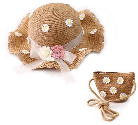 Wenrou Mädchen Alter Und Strohhut, Strohhut Und Kleine Tasche Set, Strandhut Kinder, Hut Und Kleine Tasche Set, Mädchen Strohhut Mütze, Ideal Für Reisen, Strand, Outdoor, Alltagskleidung (Khaki)