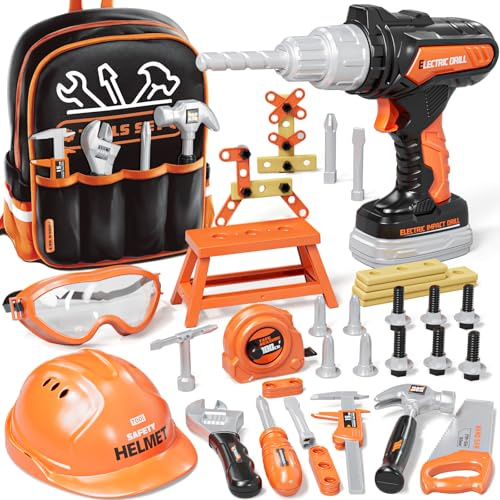 KidBloom 50 Stück Werkzeugkoffer Kinder, Spielzeug ab 3 4 5 Jahre Junge | Werkzeug Kinder mit Rucksack & Bohrmaschine Kinder & Bauhelm, Geschenk Junge 3 4 5 Jahre