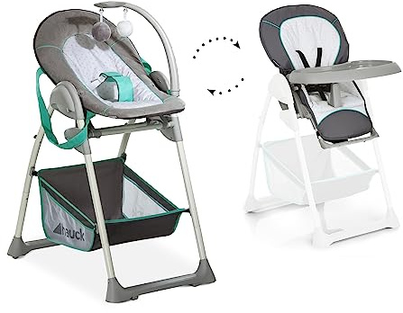 hauck Hochstuhl mit Babyliege Sit N Relax 2in1 ab Geburt bis 15 kg, Höhenverstellbarem Gestell mit Rollen, XL Korb, Essbrett, Klappbar, Verstellbar, Spielebogen (Hearts)