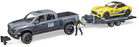bruder 02504 - RAM 2500 Power Wagon, Roadster Racing Team | Spielzeug Set mit Geländewagen, Anhänger, Roadster, bworld Figur, Maßstab 1:16