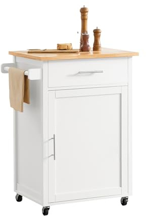 SoBuy Küchenwagen mit Bremsrollen & Arbeitsplatte, 68x90x46cm, für Küche | Servierwagen mit Schublade, verstellbarem Boden & Handtuchhalter, 45 kg Tragkraft, MDF(E1), für Esszimmer/Outdoor, FKW102-WN
