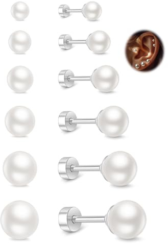 ABPBA Kleine Perlen Ohrringe für Damen, 6 Paar Hypoallergene Silber Flatback Perlen Ohrstecker Set 4-9MM, Chirurgische Edelstahl Perlenohrsteckers für Mehrfach Piercing