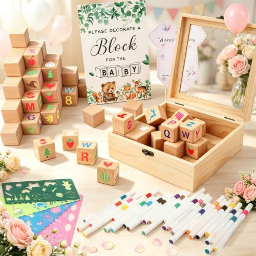 278 Stück Babyparty Spiele Set, Kreatives DIY Baby Shower Spiel | 24 Acrylstiften, 200+ Schablonen(8 Exemplare), 52 Holzwürfel Bemalen, Holzschild & Holzbox - Für Gender Reveal & Baby Shower
